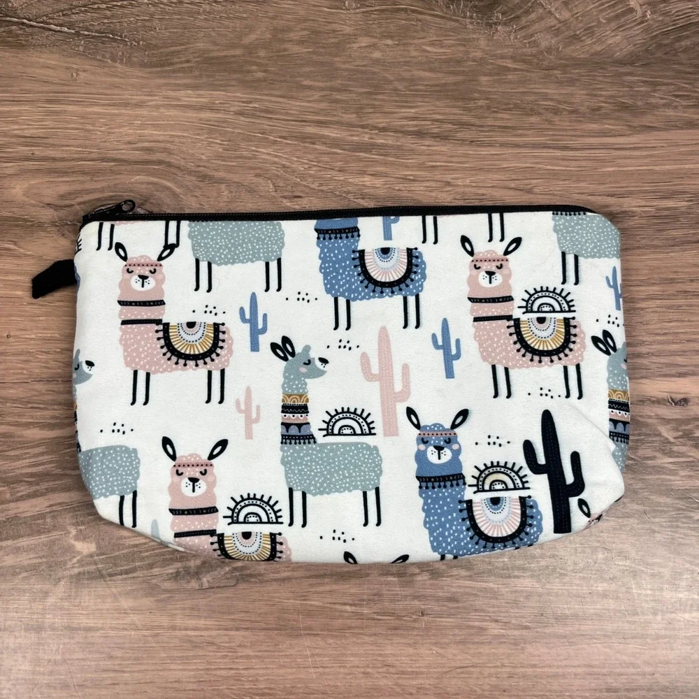Llama Cactus Print Cosmetic Bag ‎ Medium White Pink Blue Pouch